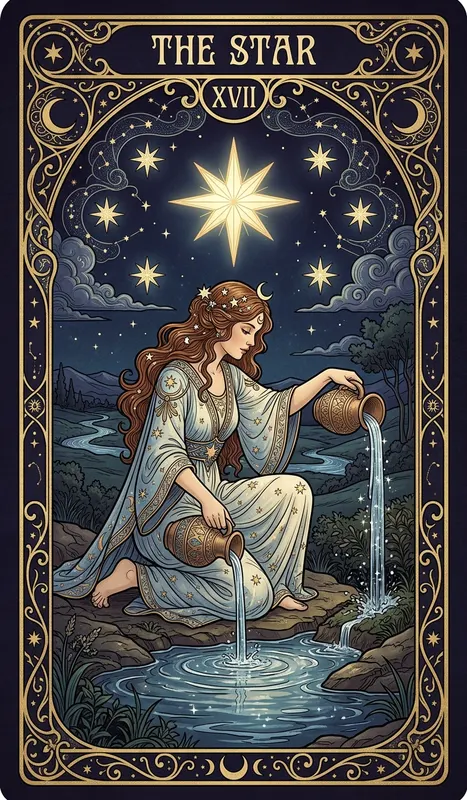 La Estrella: una figura que vierte agua bajo una estrella luminosa