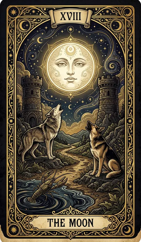 La Luna: grabado dorado de un rostro lunar sobre dos torres y animales